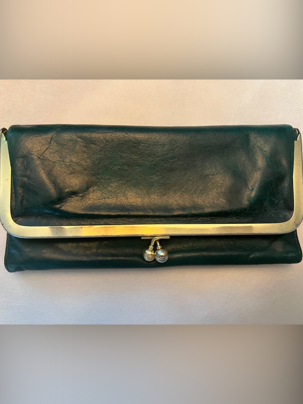HOBO Dark Green Leather Clutch with Gold Trim